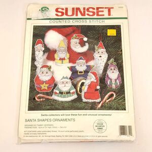 Vintage 1993 Sunset Counted Cross Stitch Santa Shapes Ornaments Set of 9